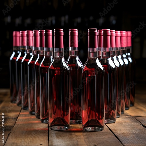 b'Bottles of red wine on a wooden table'