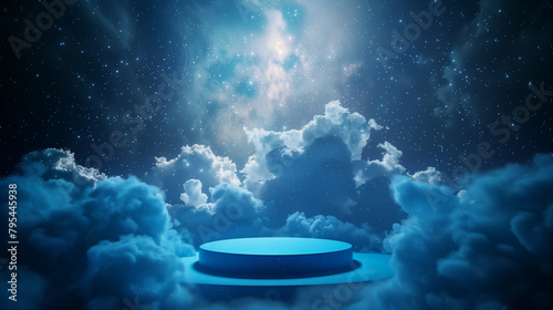 Minimal empty podium or stage for product presentation. Dreamlike landscape of a solitary circular platform above clouds under a starry sky. Generative AI