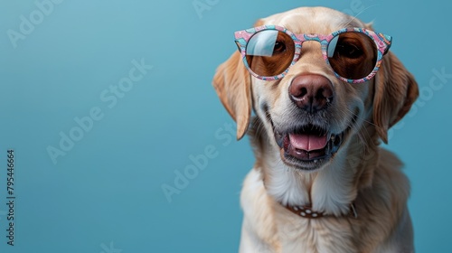 Vibrant portrait of a smiling golden labrador retriever wearing colorful patterned sunglasses, concept of joy and summer vibes