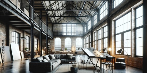 Spacious Artist's Loft Studio Interior Design Bright and airy artist's loft with exposed brick and large windows, showcasing a creative workspace.