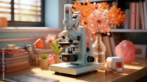 b'A Light Blue Microscope Sits on a Wooden Table Near a Window'