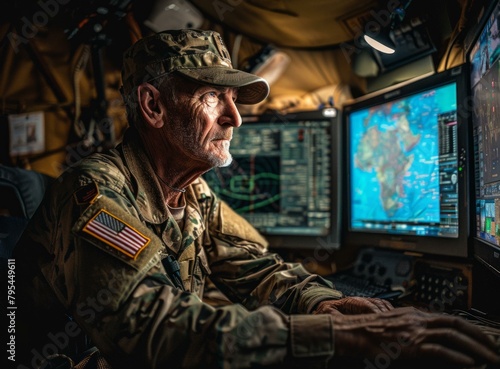 b'A military man looking at a computer screen'