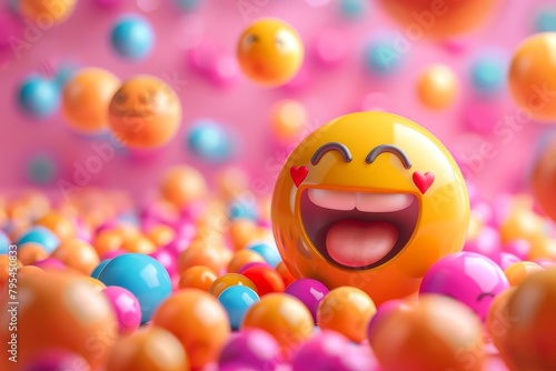 squinting laughing emoji with heart eyes 3d crypto currency illustration colorful balls background
