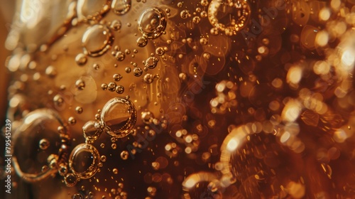 b'Close-up of bubbles in a glass of cola'