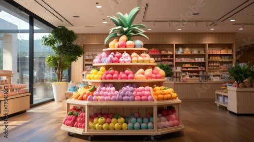 b'A store display of colorful squishy toys in the shape of fruits.'
