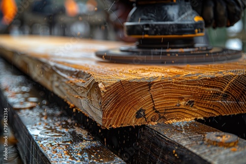 Close-up of a wooden log being sanded with an orbital sander, sawdust flying, in a professional carpentry workshop