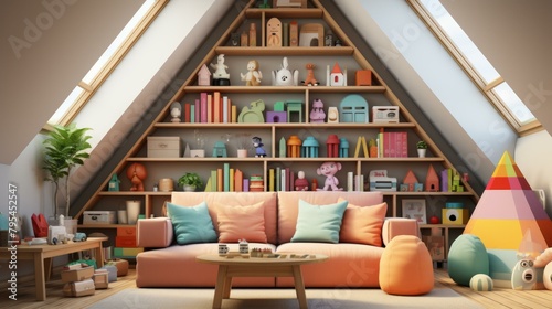 b'A cozy attic playroom filled with toys and books'