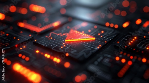 Circuit board with glowing red and orange lights and a glowing red play button.