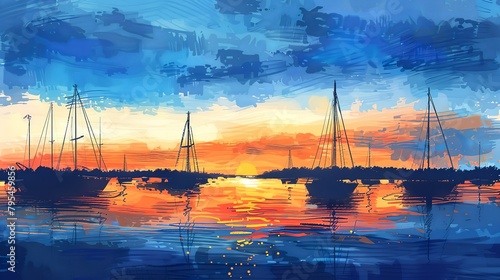 artistic and visually striking alchohal ink painting of a harbor at sunset , with sailboats silhouetted against a blue and orange sky