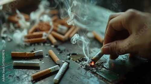 Hand crushing cigarette, cigarettes on a black table with smoke coming out of them, world no tobacco day