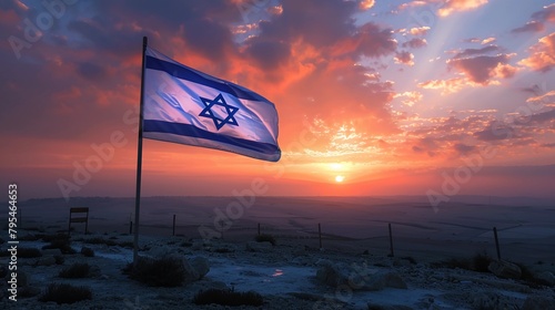 Vibrant flag of Israel waving against a dramatic sunset. Yom HaZikaron, Israeli Independence Day, Memorial Day for Fallen Soldiers and Victims of Terrorism. AI Generated