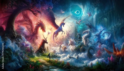 Mythical Creatures in a Vivid Fantasy Landscape