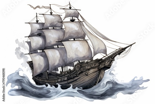 A pirate ship sails on a stormy sea. The ship is black and has a white flag with a skull and crossbones. The waves are crashing against the ship and the wind is blowing in the sails.