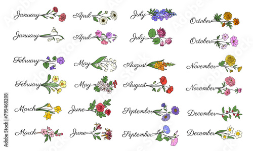 Vector birth flowers with month names