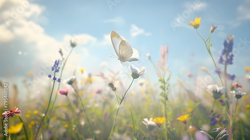 white butterfly flies free in the middle of a flowery meadow
