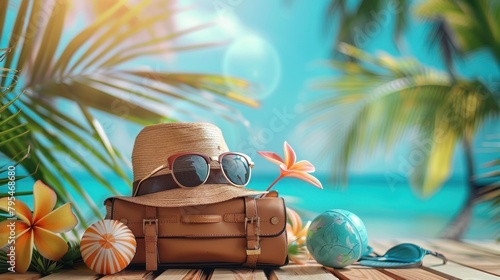 A conceptual image featuring a suitcase, hat, and sunglasses hinting at exciting travel plans and exotic beach destinations
