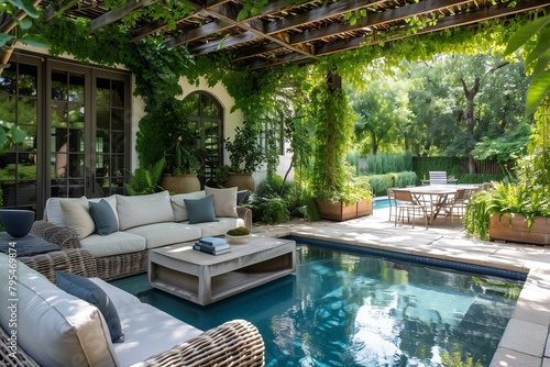 Lush greenery framing a cozy outdoor living space by the pool.