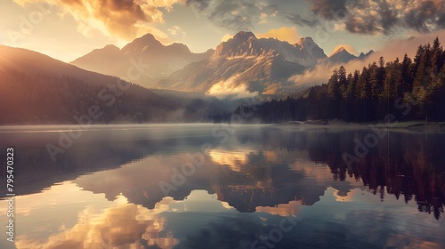 Tatra National Park, a lake in the mountains at the dawn of the sun. Poland 