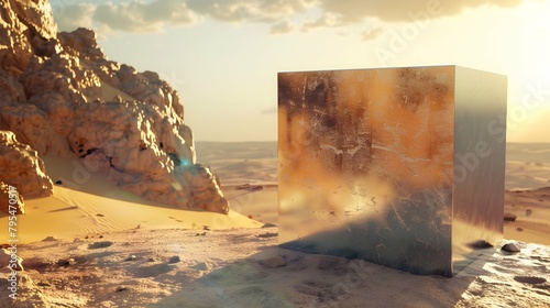 Surreal landscape with a metal cube in the desert 