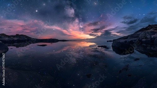 Stars reflected in the water of the archipelago during sunset 