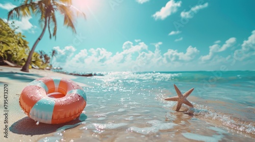 A pink lifebuoy lies on the shores next to a lone starfish evoking peaceful solitude on a tranquil beach scene