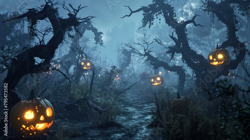 An eerie clearing in a haunted forest, where an array of pumpkins with malevolent grins illuminate the gnarled branches of lifeless trees.