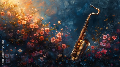 Saxophone on a background of many fabulous flowers
