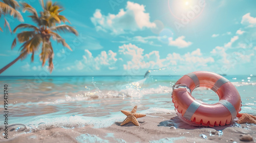 A sun-bathed tropical beach setting with a lifebuoy and starfish on the sandy seashore amidst palms