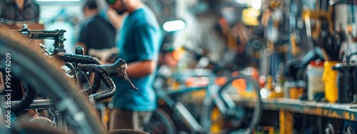  In a bicycle repair shop, a diligent mechanic fine-tunes a bike, showcasing the precision and expertise required in the trade