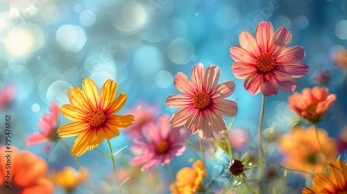 Colorful Cosmos Flowers with Sunlit Bokeh