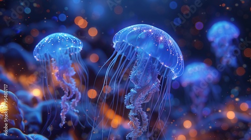 Bioluminescent Jellyfish, Clear Tentacles, Glowing under the Moonlight, Serene Night Ocean Scene, 3D Render, Silhouette Lighting, Bokeh Effect