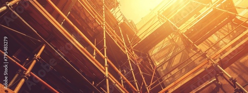 Wooden Scaffolding on Building Site: Low-angle view of a sprawling wooden scaffolding structure on a construction site bathed in the warm light of the sun.
