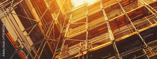 Sunlit Wooden Scaffolding Construction: A radiant low-angle perspective captures the complexity of wooden scaffolding against a bright sky, symbolizing construction progress.