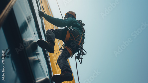 A skilled industrial worker expertly abseils beside a vibrant yellow wall, demonstrating precision in high-rise building maintenance