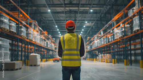 A male worker in safety gear stands in a vast warehouse, possibly supervising or planning