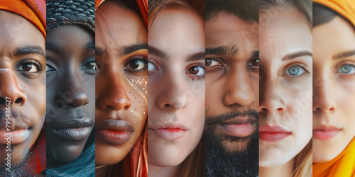 Half-face portraits of diverse individuals, representing cultural diversity and ethnic beauty