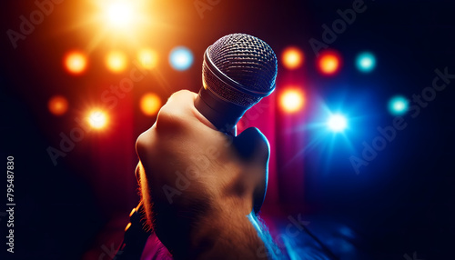 main de chanteur en action tenant un micro classique sous l'éclairage intense d'une scène de spectacle