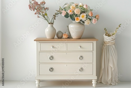 Classic chest of drawers in retro style bedroom. Minimalist living room interior with commode and home decor on top against white copy space wall. Flower compositions in ceramic vases on dresser