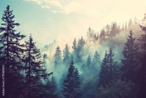 Misty landscape with fir forest in vintage retro , AI generated