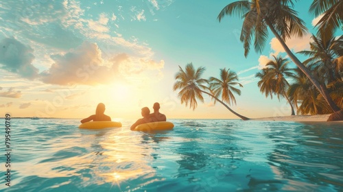 The silhouette of three friends floating on the serene sea, framed by palms in a picturesque tropical sunset