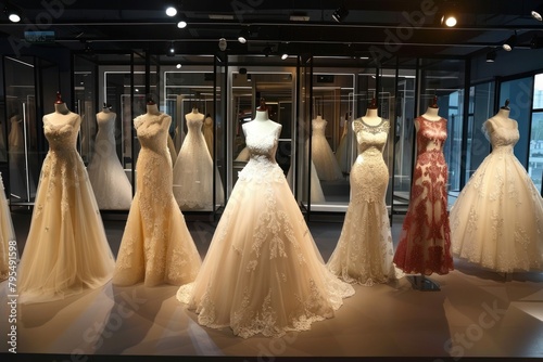 A display of wedding dresses in a store window. The dresses are all different colors and styles, and they are arranged in a row. Scene is elegant and sophisticated