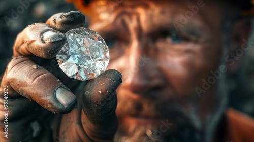 hand showing a diamond he found in the mine with the diamond focused in high resolution and high quality. diamonds concept