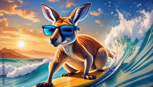 A funny kangaroo in sunglasses surfs while conquering the waves in the ocean