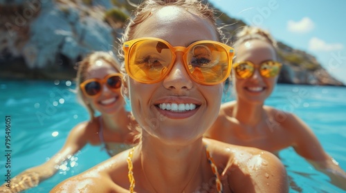 A group of friends pose for a fun selfie in the sea with rocky cliffs in the background, reflecting happiness, friendship, and holiday enjoyment