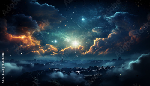 Mysterious night sky galaxy, nebula, star, moonlight, mountain peak