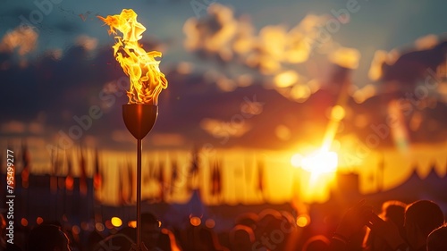 Olympic Spirit Ignited: The Ceremonial Flame Against a Sunset Crowd