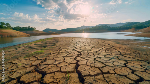  Climate change and drought land, Global warming concept, drought cracked river banks landscape, dry reservoir.