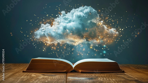 A book with a digital cloud above it, linking traditional reading with cloud learning