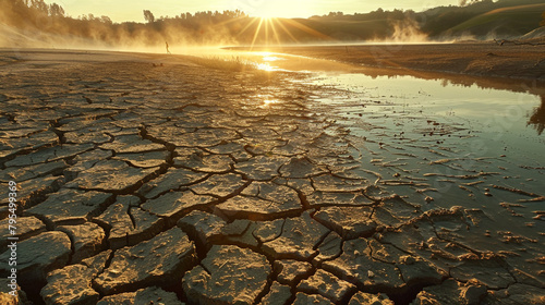  Climate change and drought land, Global warming concept, drought cracked river banks landscape, dry reservoir.