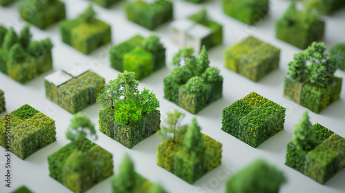 A depiction of miniature cubic ecosystems illustrating environmental diversity and conservation